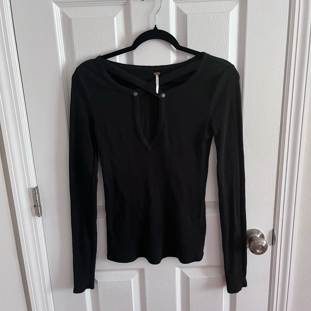 Free People Size Medium Hayley Long Sleeve Top in Black